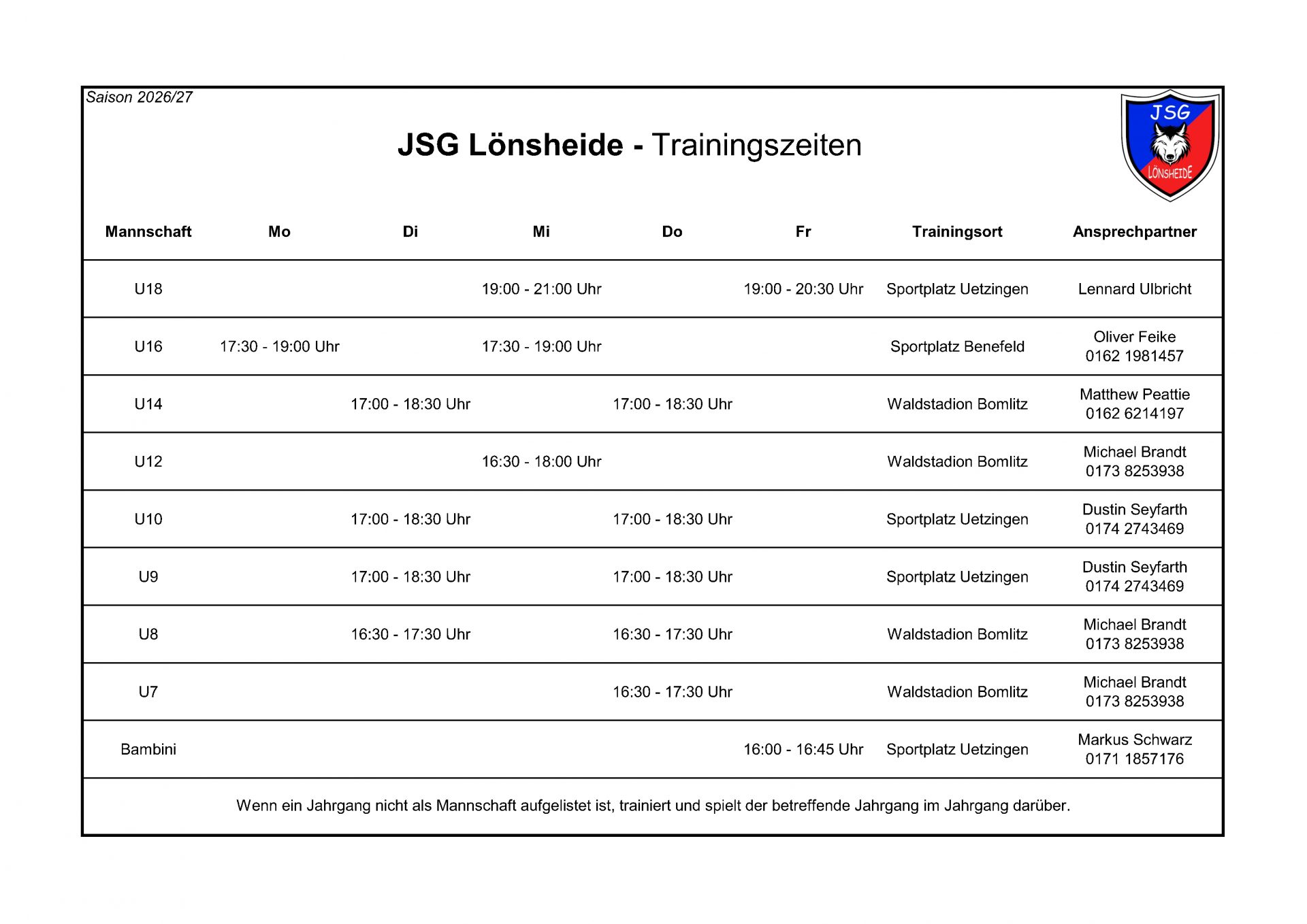 JSG Lönsheide – Trainingszeiten